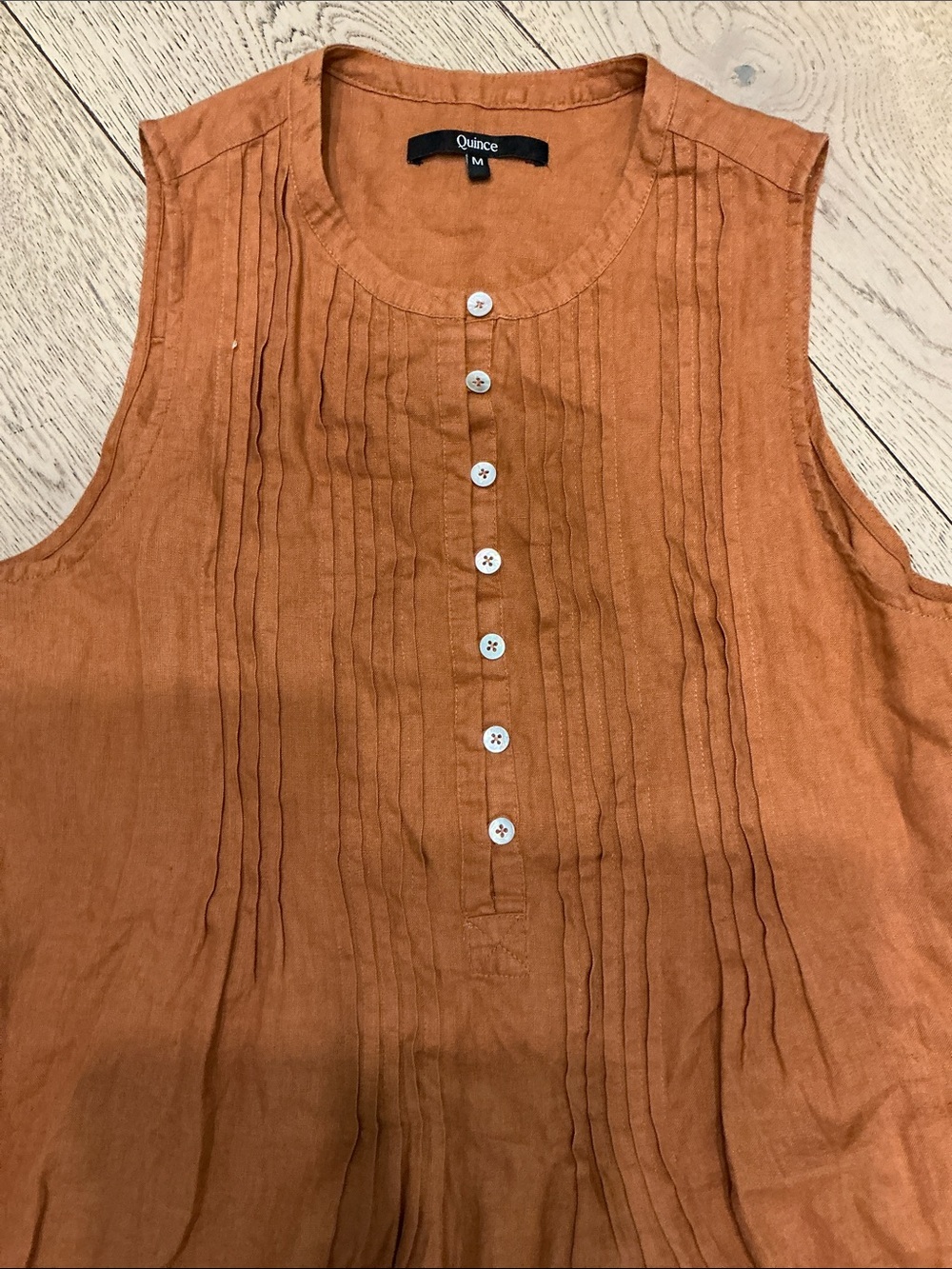 Quince copper linen sleeveless dress. Medium. Pin tucking on front + back. Cute! - Picture 3 of 6